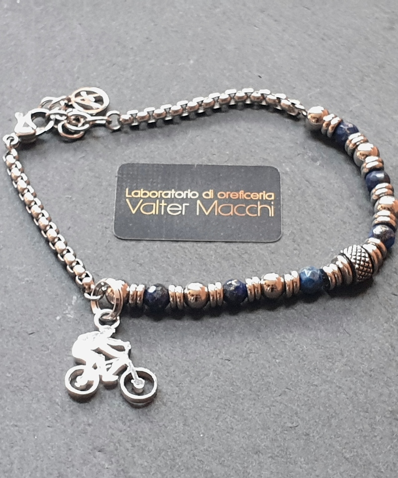 Collection GC2C Steel Product 316L - Composizione Bracciale  Pietre Agata Blu + Ciondolo GC Bike